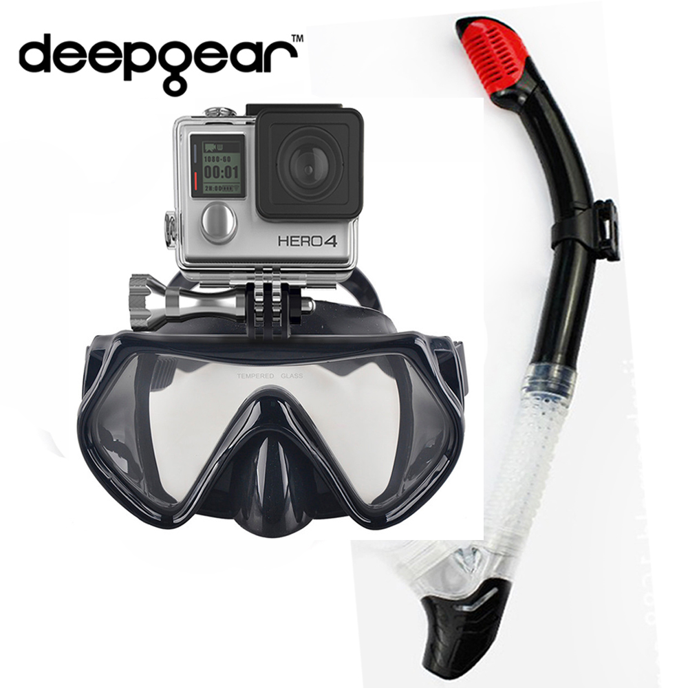 Snorkel Set - Deepgear camaeraシュノーケルセット強化スキューバダイビングマスクブラックシリコンアダルトダイビングマスクドライシュノーケルトップウォータースポーツダイブギア