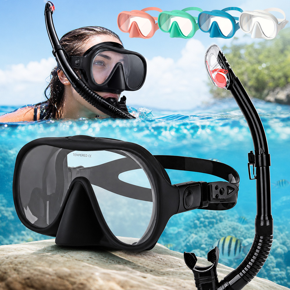Snorkel Set - 大人用シュノーケルセット。半防水仕様のシュノーケルマスク。強化ガラスレンズ、シリコン製スカート、防水機能付き。シュノーケリングやフリーダイビング用。